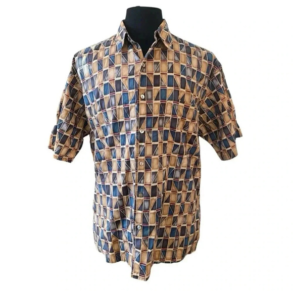 Richard Polynesian Print Cotton Lawn Aloha Hawaiian Shirt Size L Button - Picture 1 of 8